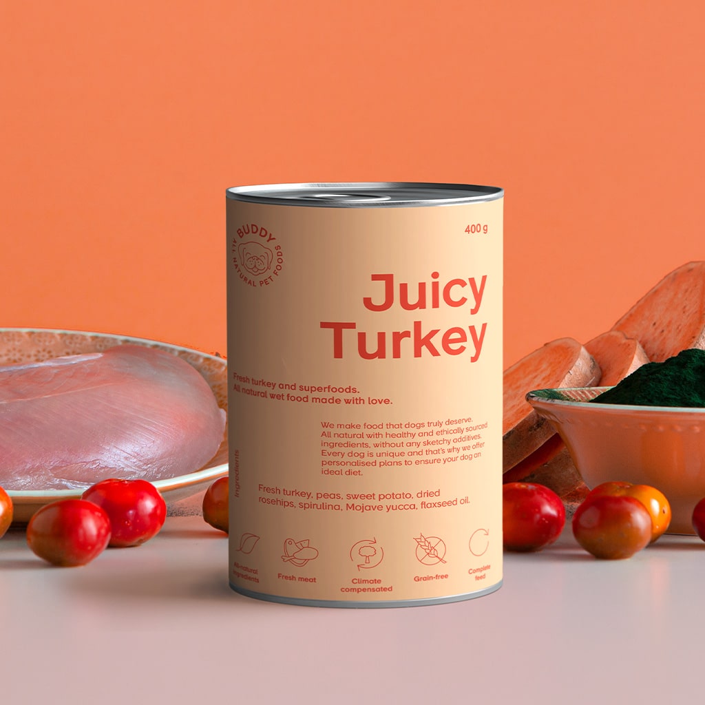 Våtfoder till alla hundar gjort på naturliga ingredienser, spannmålsfritt och utan tillsatser - Juicy turkey från Buddy pet foods